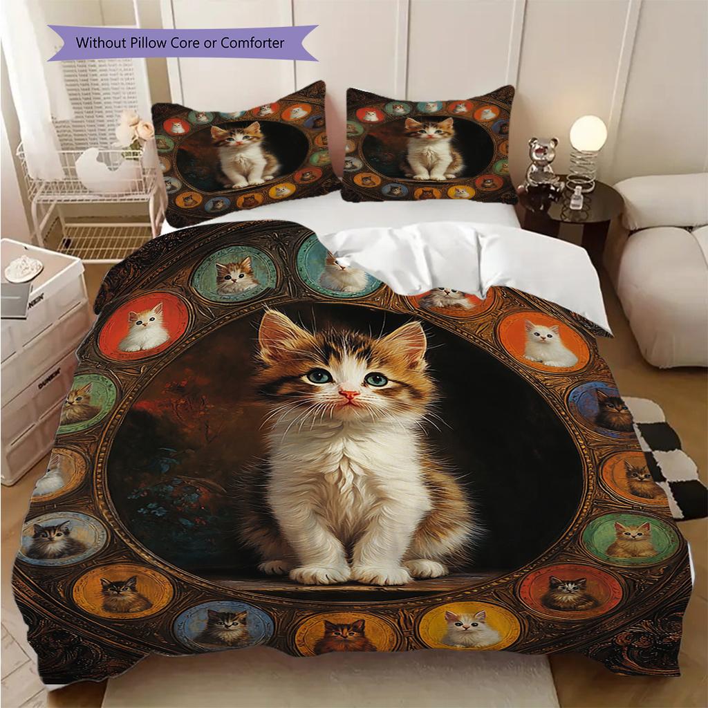 Tabby Cat Pattern Bedding Quilt Set Quilt Cover Pillowcase Home Decoration Birthday Gift (1 * duvet cover + 2 * pillowcase, without core)
