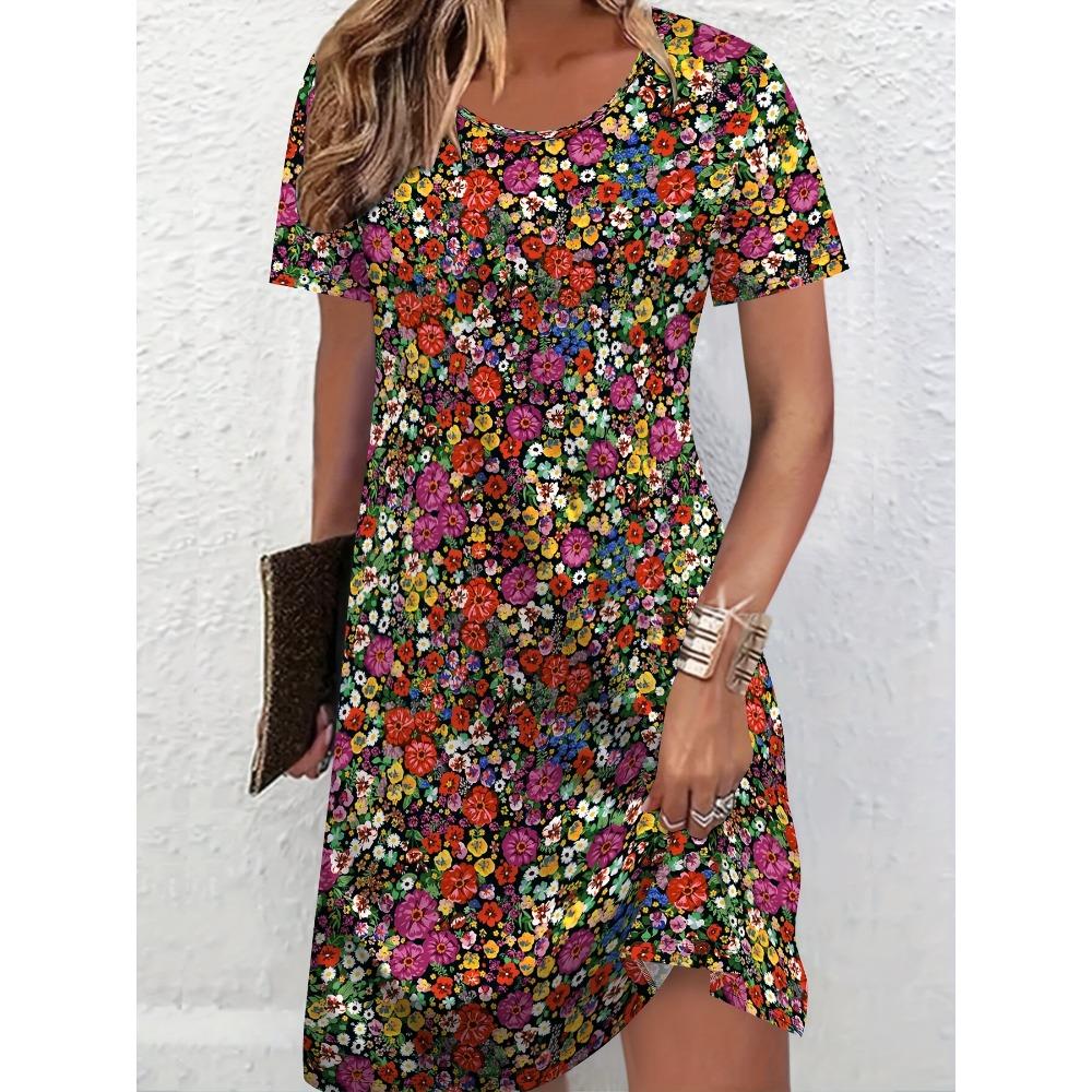 Women's Elegant Butterfly Print Short-Sleeved Round Neck Dress