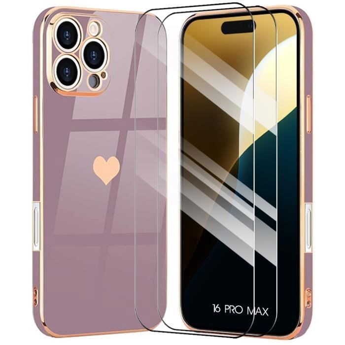 Coque de protection - BOOLING - pour iPhone 16 Pro Max - Silicone Hybride Violet - Motif Cœur - 2 Verres Trempés