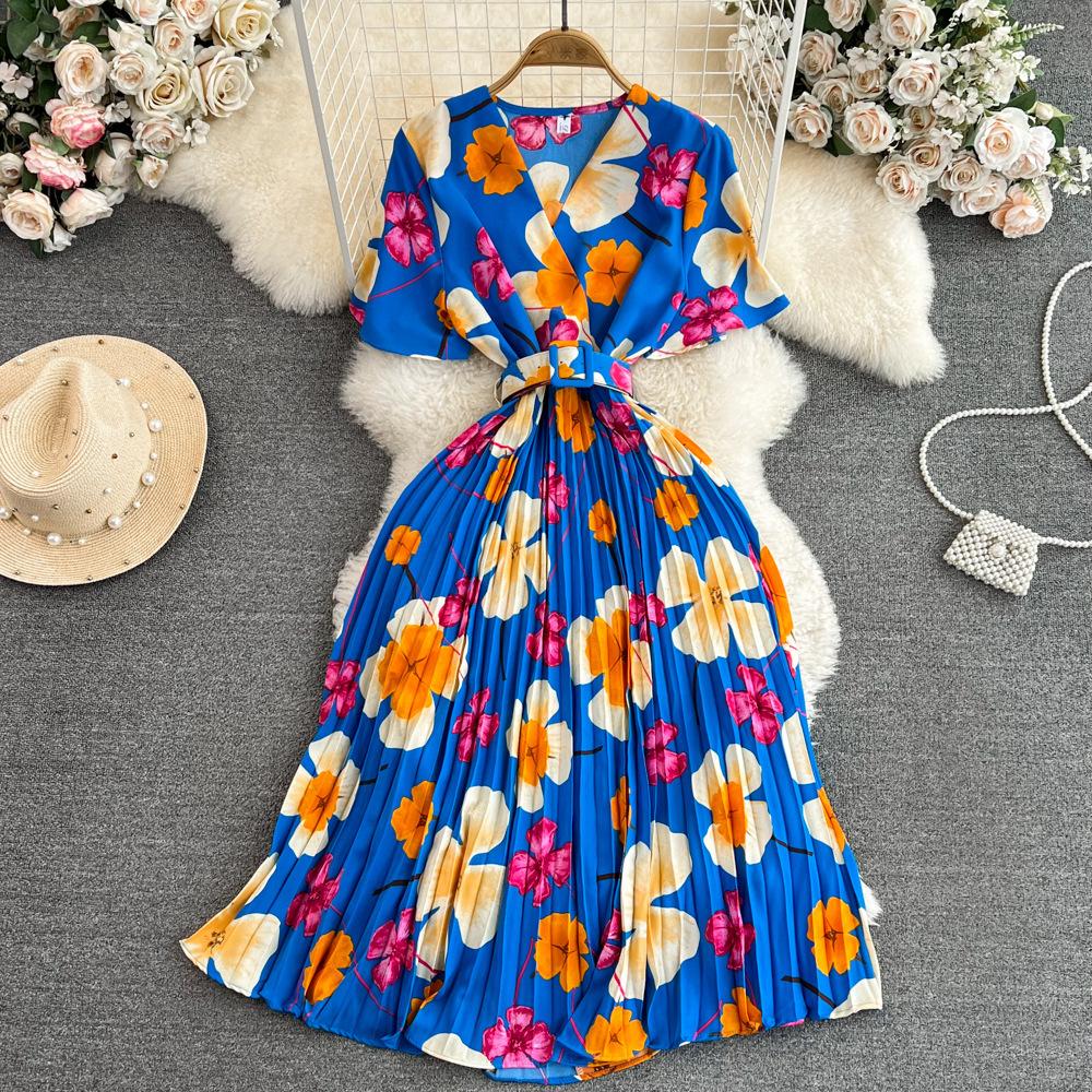 Summer Women's Light Mature Style Retro Temperament Short-sleeved V-neck Waist Thin Medium-length A-print Pleated Dress