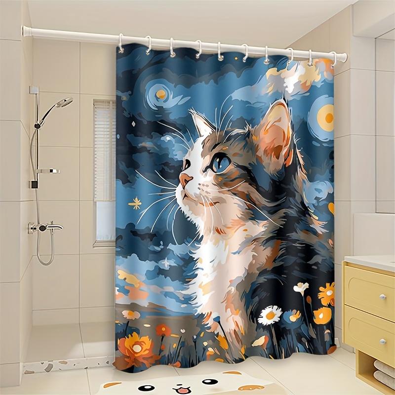 Cat Shower Curtain Starry Sky Art Floral Background Cute Pet Decor Waterproof Fabric Bath Curtain Set Home Decoration