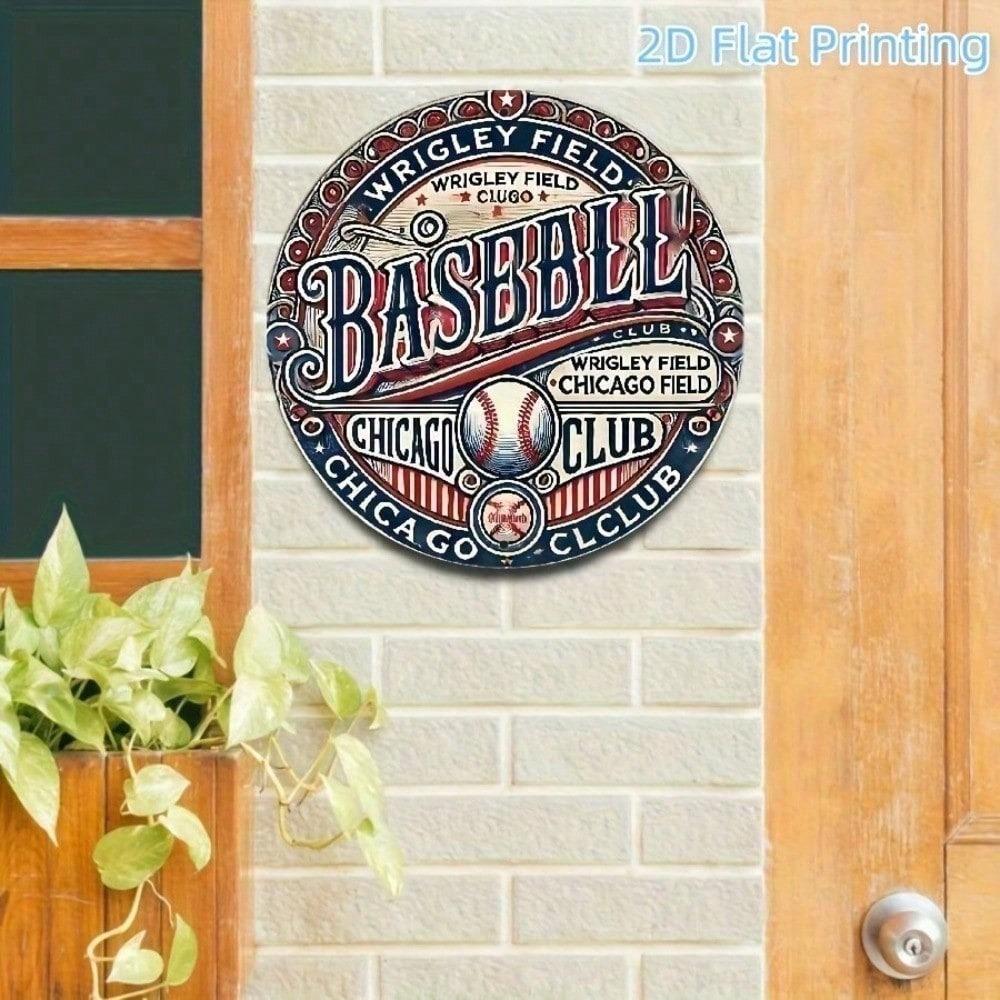 Retro Baseball Tin Sign - Vintage Wrigley Field 8 Inch Round Wall Decor, Flat Metal Art for Sports Memorabilia