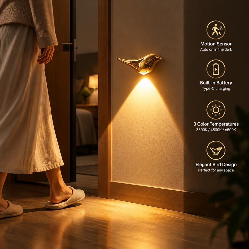 Light Luxury Bird-Shaped Motion Sensor Wall Lamp, Type-C Rechargeable, 3-Color Dimming