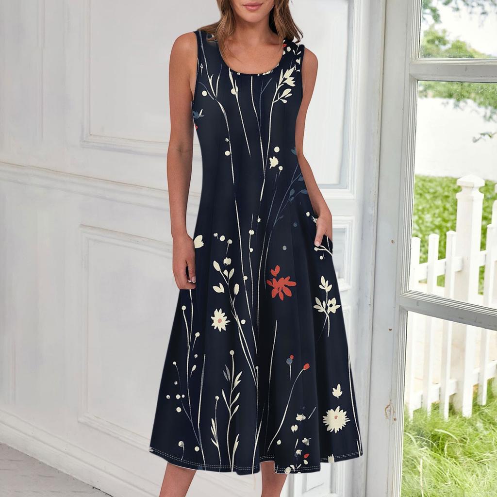 Women's Casual Fashion Floral Print Round Neck Sleeveless Midi Dress