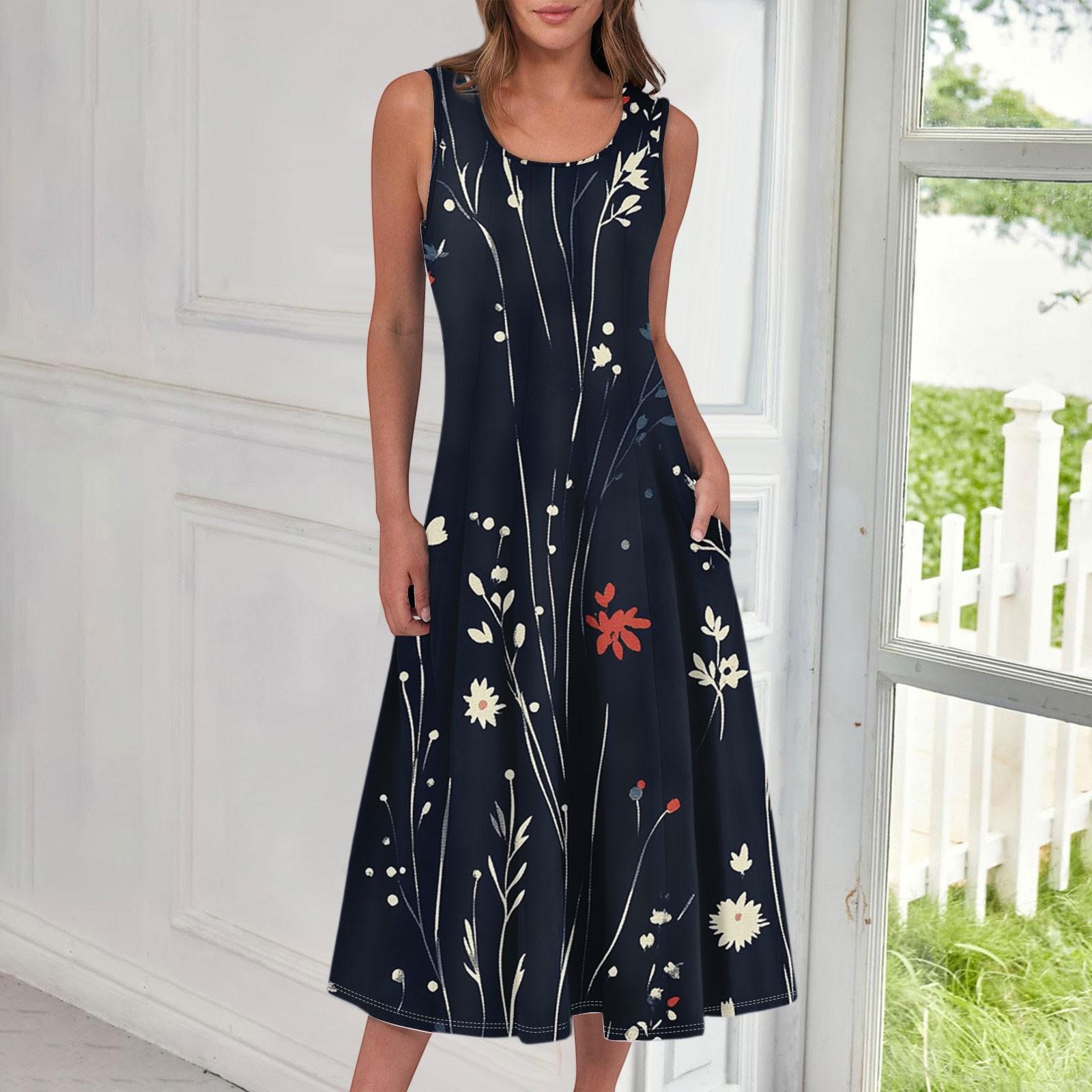 Women s Casual Fashion Floral Print Round Neck Sleeveless Midi Dress L