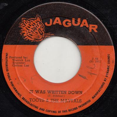 7inch Record TOOTS  THE MAYTALS  It Was Written Down  Daddy J58 Jaguar 1972 Jamaica Reggae Ska  Dub Used