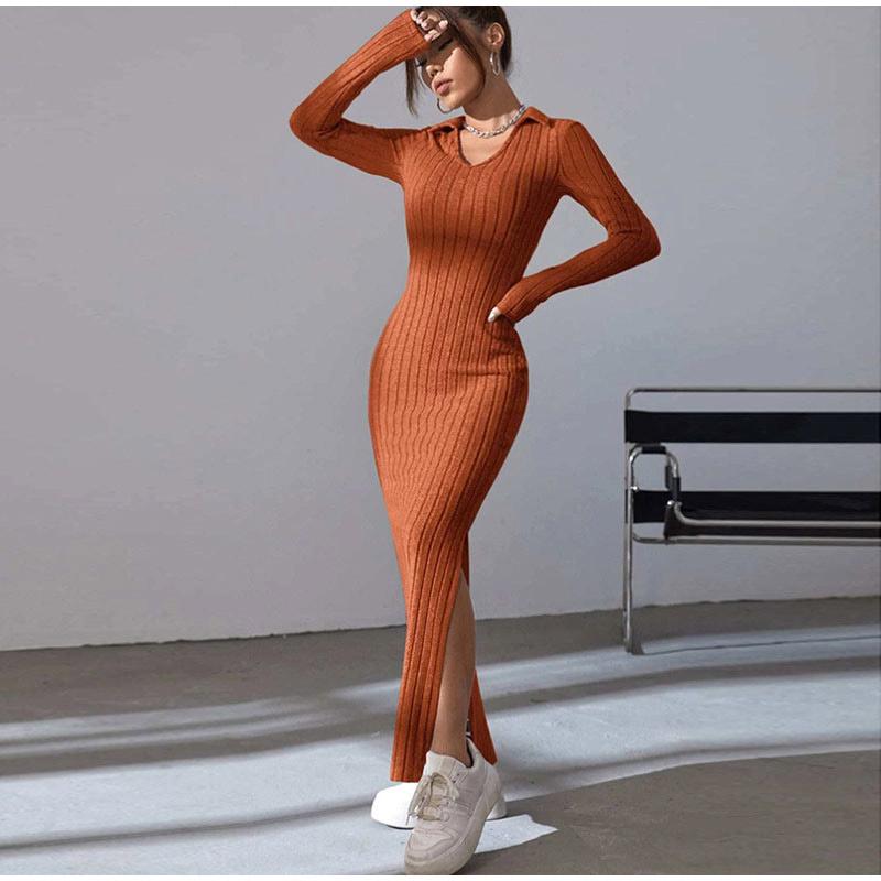 

Женское трикотажное платье, осеннее, повседневное, с длинным рукавом, воротником-лацканами, однотонное, облегающее, длинное, макси, для женщин, для выхода в свет, уличная одежда 2XL