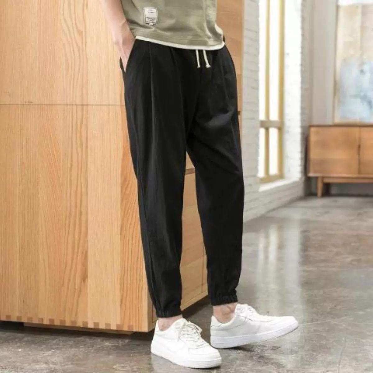 

Мужские летние однотонные льняные повседневные брюки, красивые тонкие брюки с завязками на ноге, Nine-minute XS чёрный