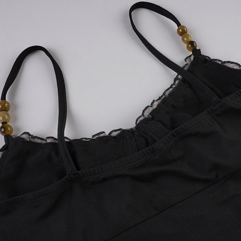 European & American Sexy Leopard Print Color Block A-Line Lace Tie-Up Camisole
