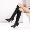 Autumn Winter Women Knee High Boots White Black High Thin Heel Club Dress Office Lady Pointed Toe Zipper Plush Long Riding Boots