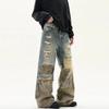 ROADVIBE Amerikanischer Retro Camouflage Patchwork Jeans Herren Zerrissenes Loch Katzenbart Weiter Bein Hosen Streetwear Trendige Gewaschene Denim Hosen