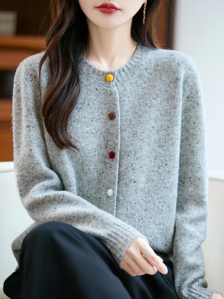 Women's Heavyweight Wool Cardigan with Colorful Buttons and Dot Yarn - Warm Autumn Winter Outerwear Sweater Coat