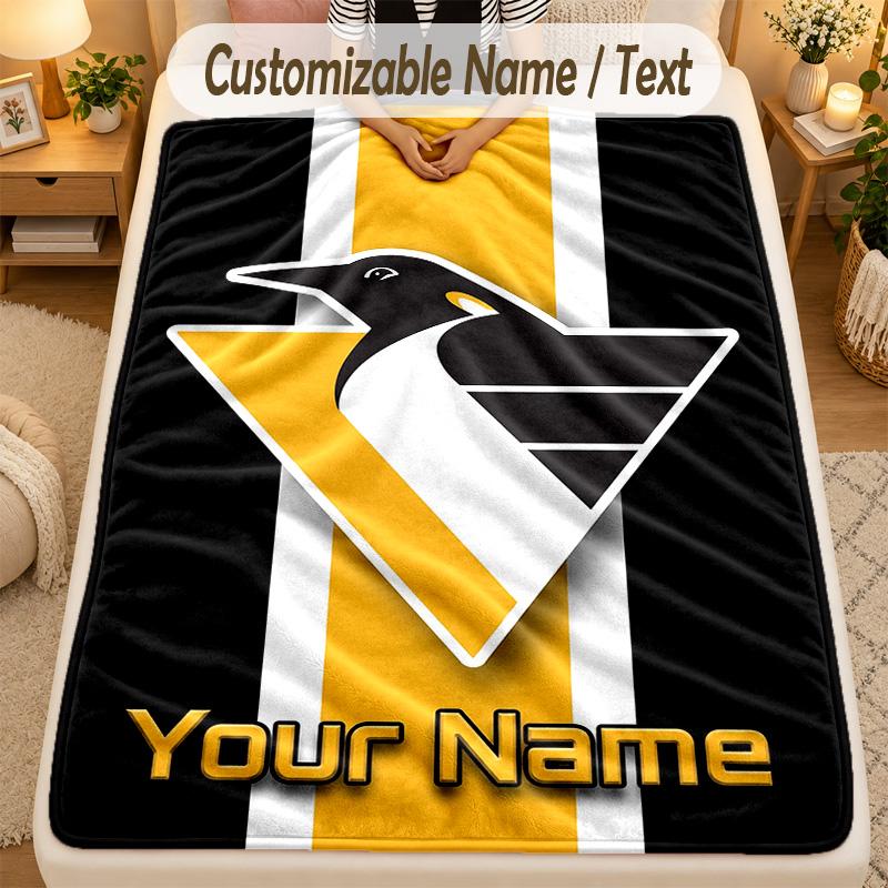 Flannel BlanketPittsburgh Penguins Custom Name Text Personalized Soft Warm Throw Blanket Home Decor Gift