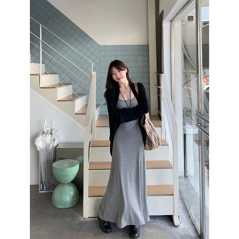 Kumikumi Elegant Outfit Asymmetrical Long Sleeve Cardigan Jacket Female Autumn Inner Suspender Dress Two-piece Set