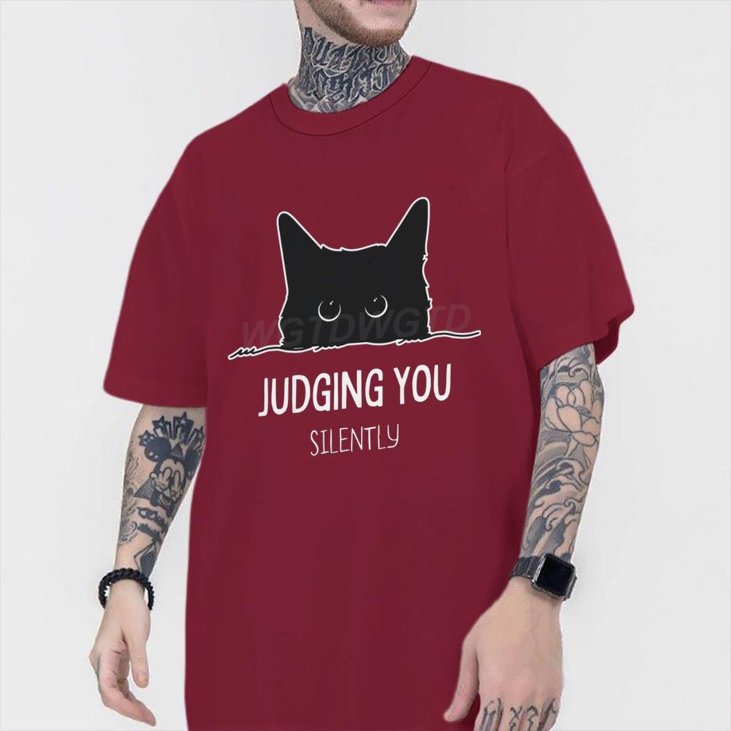 Judging You Silently Print T Shirt Men Women Sarcastic Humor Streetwear Short Sleeve Harajuku Cat Tee Male 100 Cotton Fun Shirt