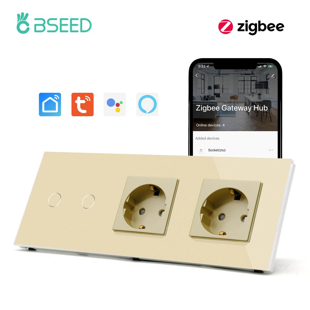 BSEED Zigbee 1/2/3Gang Wall Smart Switches 1/2/3Way Light Touch Switch with Typ-C USB EU Sockets Tuya Smart Life App Control