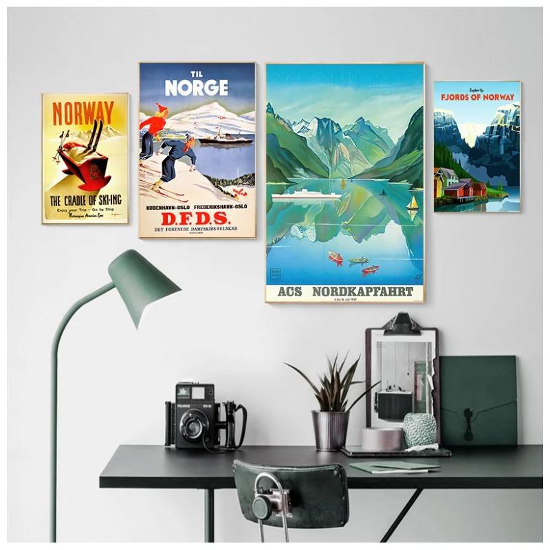 Ski in Norway Norge Fjords Map Vintage Retro Travel Classic Canvas Paintings Kraft Posters Wall Stickers Home Decor Family Gift