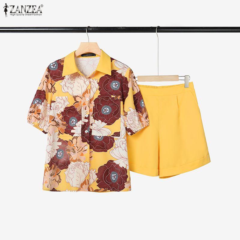 ZANZEA Women Short Sleeve Floral Blouse and Shorts Summer Two Piece Suit Sets