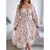 Fashion Women's Dresses Elegant Floral Square Neck Long Sleeve Waisted Ruffle A-line Dresses