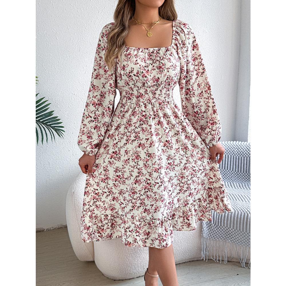 Fashion Women's Dresses Elegant Floral Square Neck Long Sleeve Waisted Ruffle A-line Dresses