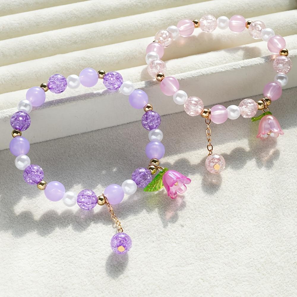 4Pcs Lily of the Valley Beaded Bracelets Cute Flower Pendant Elastic Bracelet Set For Girls Kids Bracelets