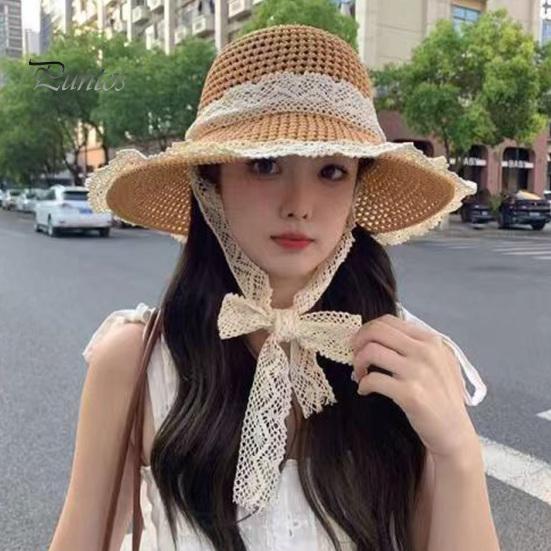 Sonnenhut aus Stroh mit breiter Krempe, gestrickter Fischerhut aus hohlem Stroh mit Spitzenbandverzierung, Sommer-Strandhut für Wanderausflüge und Reisen