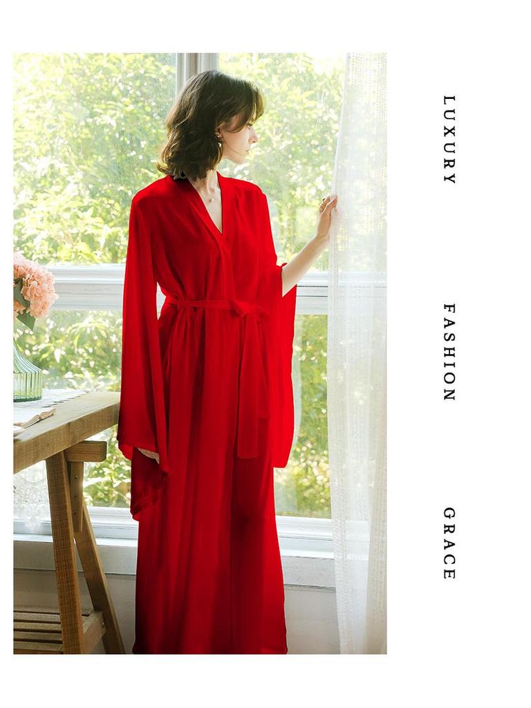 Sweet Satin Open-Front Robe: Deep V, Light Luxury, Tie-Waist, Wide Sleeves Homewear.