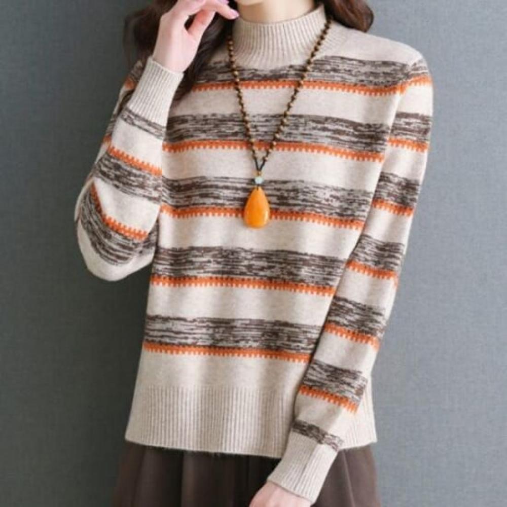 Navava Women Striped Point Half Turtleneck Long Sleeve Knit Nk2438