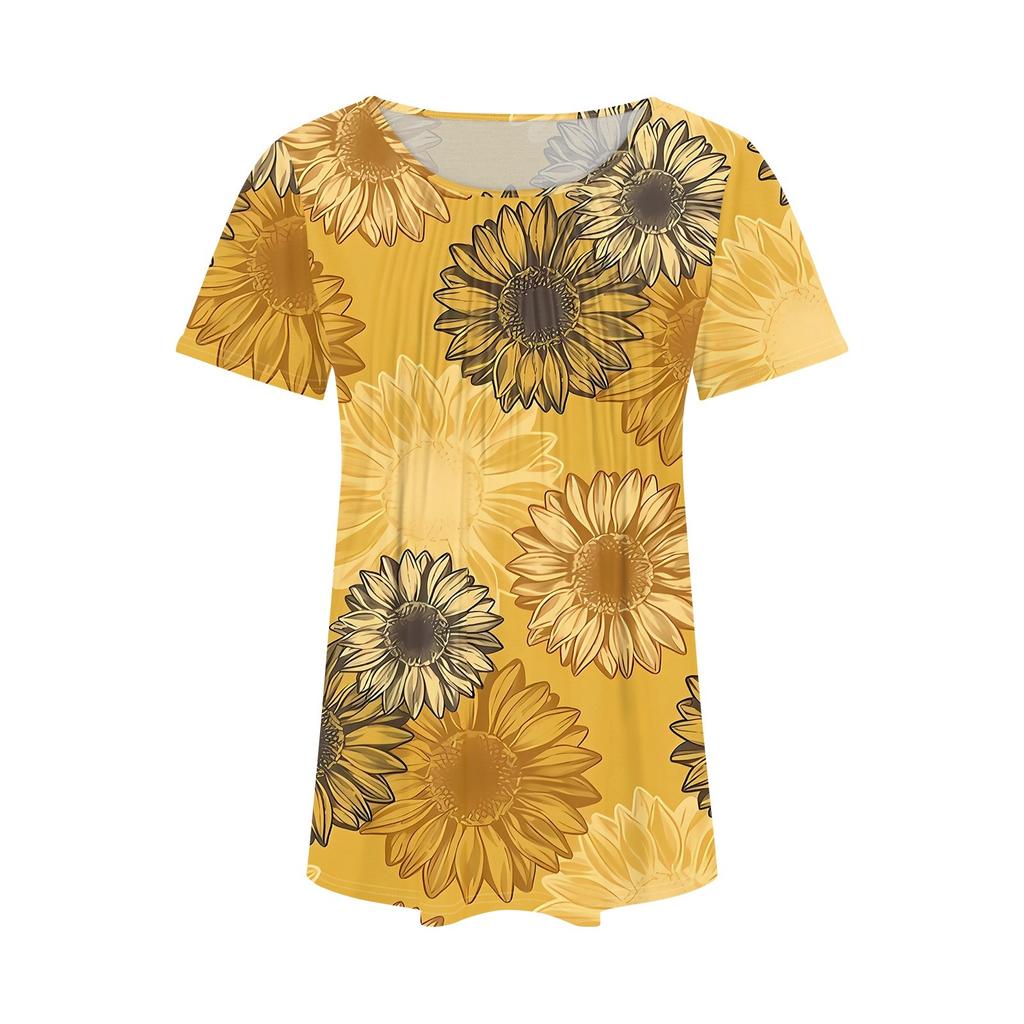 Women's Summer Fashion Casual Pleated Round Neck Print Short Sleeve T-Shirt Top