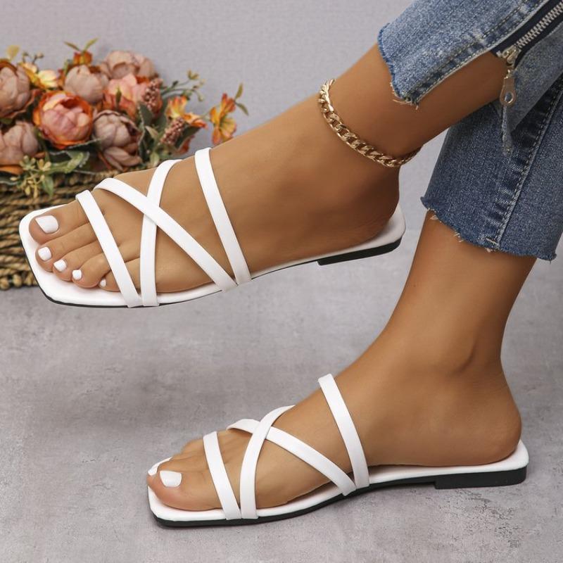 Dames pluss størrelse flate sandaler med enkel rem, ensfarget firkantet tå, avslappede sommerslippers
