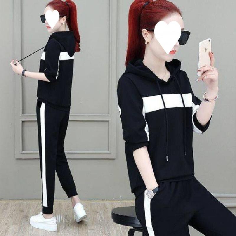 Early Autumn Casual Sports Suit for Women, Korean Style Loose Hooded Sweatshirt, Large Size Sportswear Two-piece Set