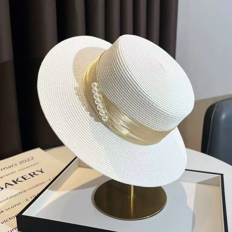 Meimeier Women's new summer retro french pearl straw hat - perfect for beach trips, flat top socialite style