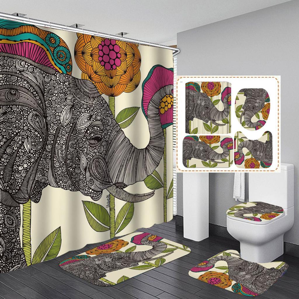 Polyester Elephant 3D Digital Printing Bathroom Personalized Partition Shower Curtain Four-Piece Set
