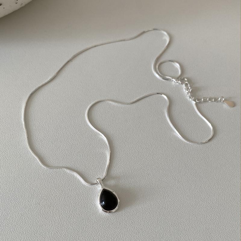 925 Silver Black Agate Necklace for Women Girl Snake Bone Chain Water Drop Jewelry Gift