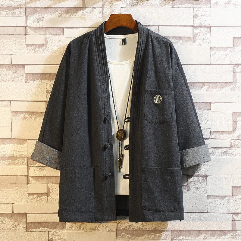 Herren Frühling Denim Tang Anzug Jacke mit chinesischen Froschknöpfen: Zen-inspirierte taoistische Hanfu-Robe
