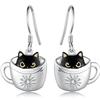 Hand Stamped Daisy Pattern Coffee Cup Drop Earrings Enamel Black Cat with Gold Eyes Silver Hook Lovely Ladies Casual Accessories