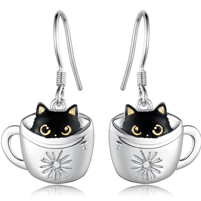 Hand Stamped Daisy Pattern Coffee Cup Drop Earrings Enamel Black Cat with Gold Eyes Silver Hook Lovely Ladies Casual Accessories