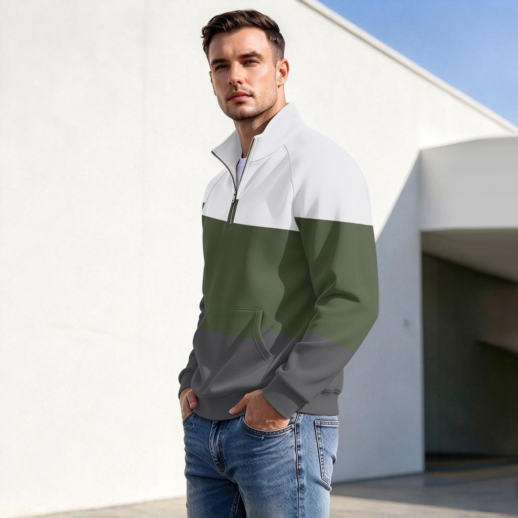 Men's Casual Zip Pullover Top with Stripe Print, Stand Collar, Wrinkle- Fall Winter Athletic Wear
