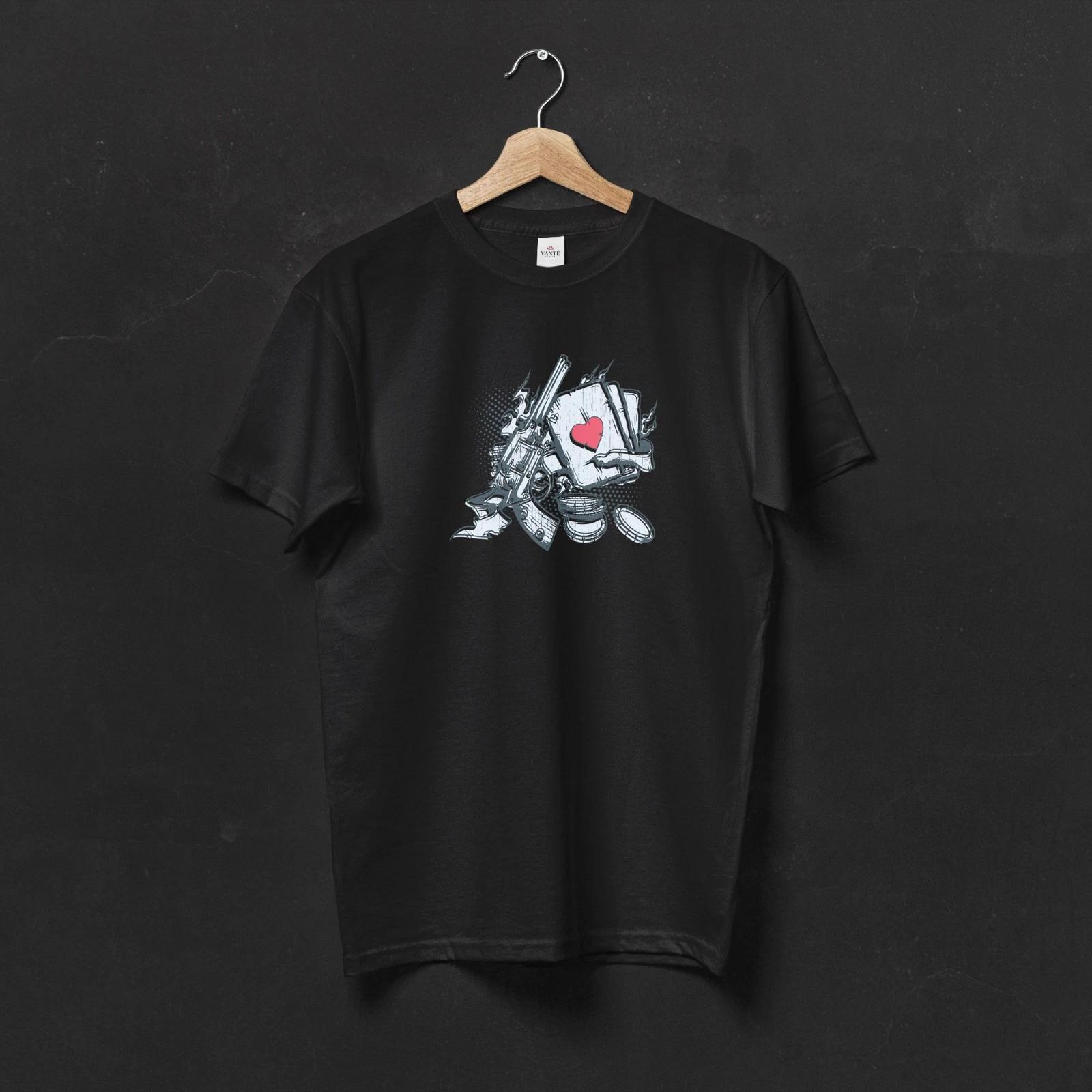 Cowboy Gambler T-Shirt, Revolver and Ace of Hearts Graphic Tee M