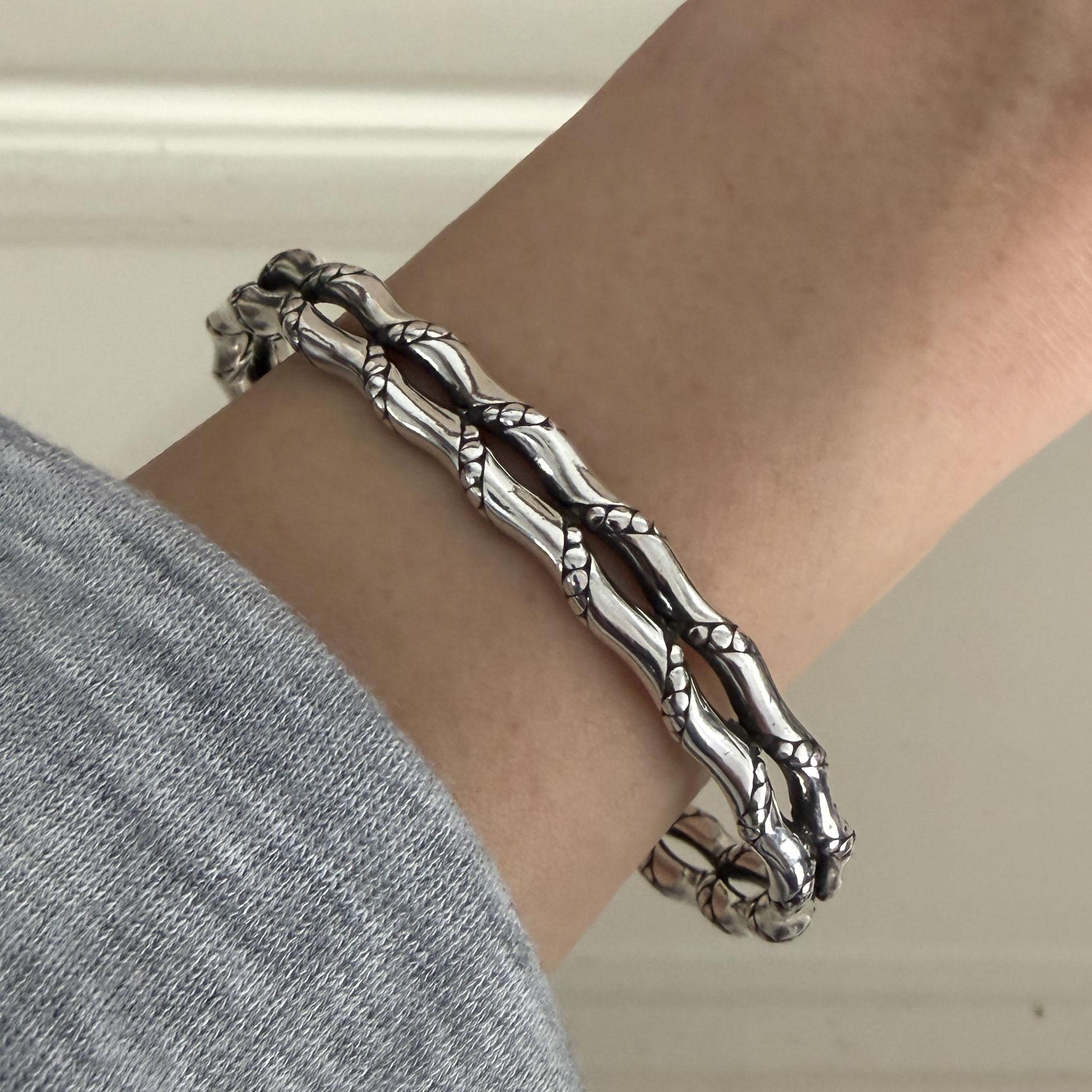 

100% Solid 925 Sterling Silver Retro Bracelet for Women Men Vintage Handmade Double Layered Strip Simple Bracelet Birthday Gift