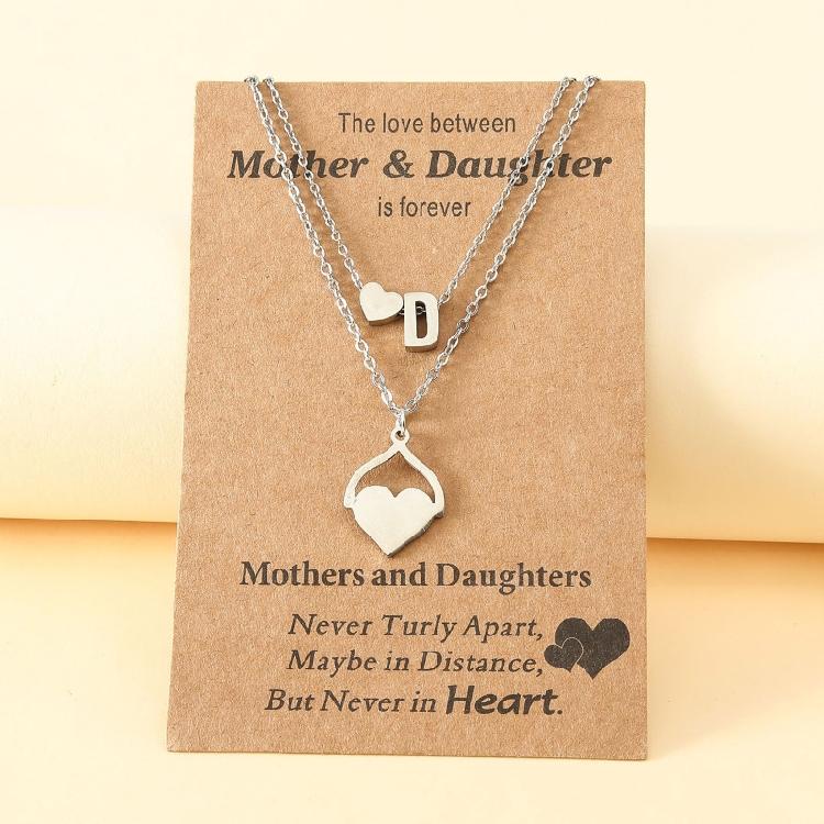 Silver Heart-shaped Letter Necklaces Mother's Day Parent-child Card Necklaces Stainless Steel Collarbone Chain Jewelry