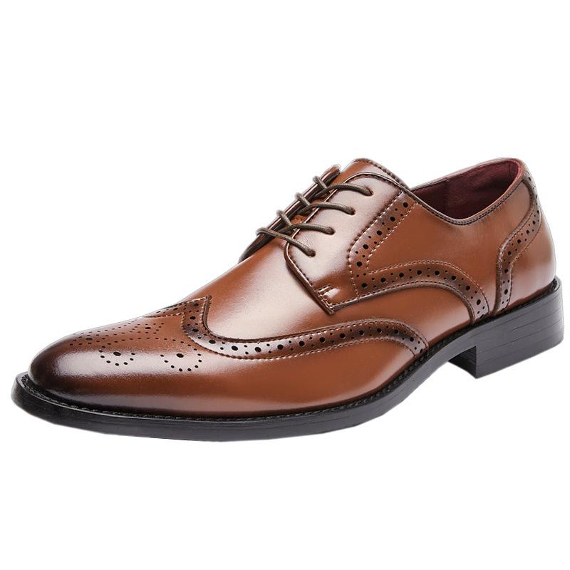 New Men's English Style Hidden Heel Derby Brogue Leather Shoes - Pointed Toe Lace-Up Design for Formal and Casual Wear