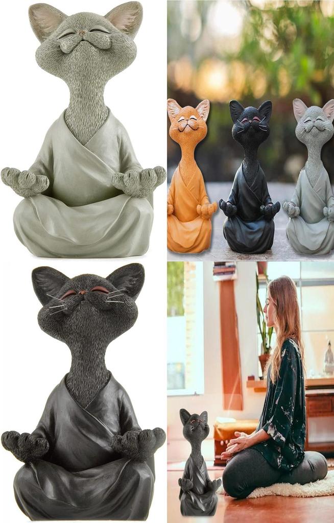 Meditations Yoga Katze Statue Figur Handgefertigt Und Bemalt Harz Mit Glücklichem Ausdruck