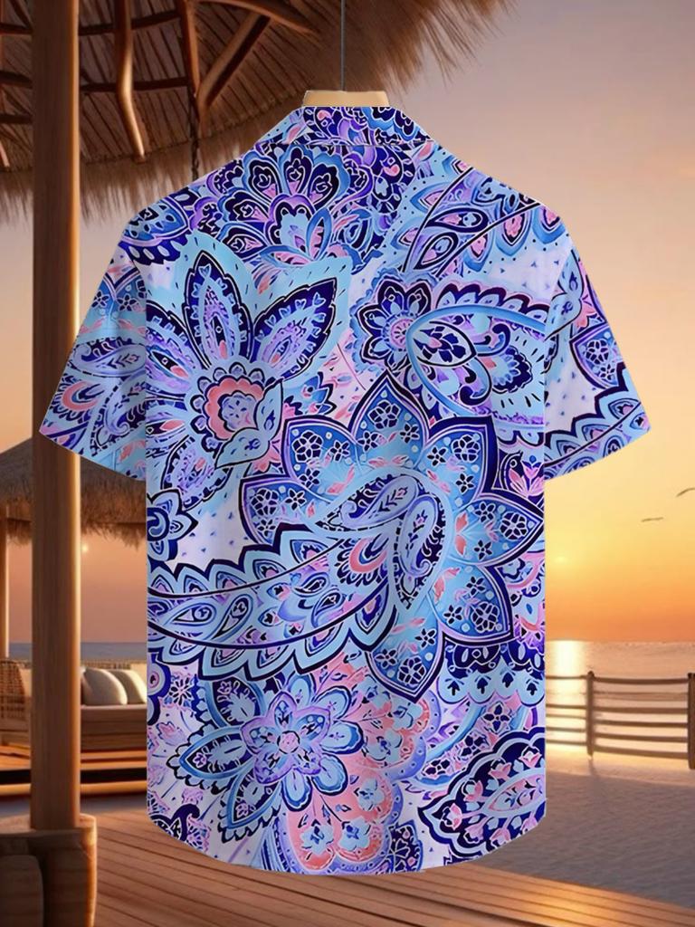 Men's Tropical Blue & Purple Paisley Print Short Sleeve Button- Shirt - Loose Fit Casual Collar Summer Beachwear, Button Front Placket for Outdoor &