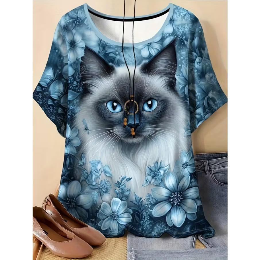 XL-7XL Plus Size Women's Casual Owl 3D Print Loose Round Neck Short Sleeved T-shirt Top
