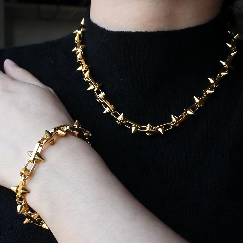 New Punk Retro Stud Rivet Chain Necklace Bracelet Set 18k Gold Plated Stainless Steel Jewelry Set for Women