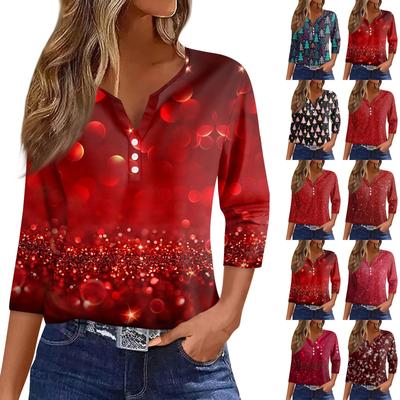 Dámské tričko s vánočním potiskem, knoflíky a 3/4 rukávem, pro každodenní nošení i na víkend, módní základní kousek s výstřihem do V, běžného střihu