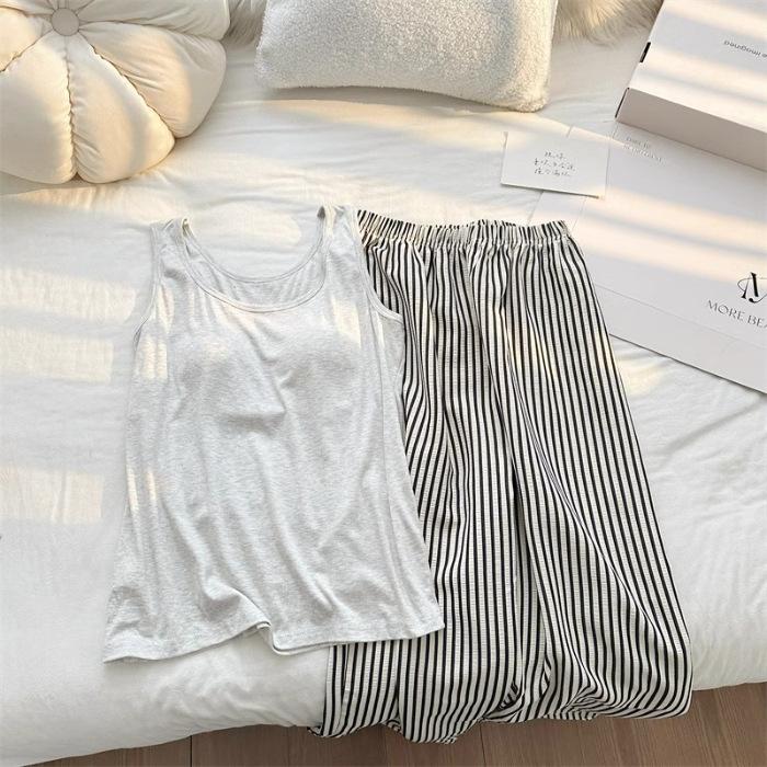 Women's Summer Padded Strappy Camisole and Pants Pajama Set - Imitation Cotton Cloud Lapel