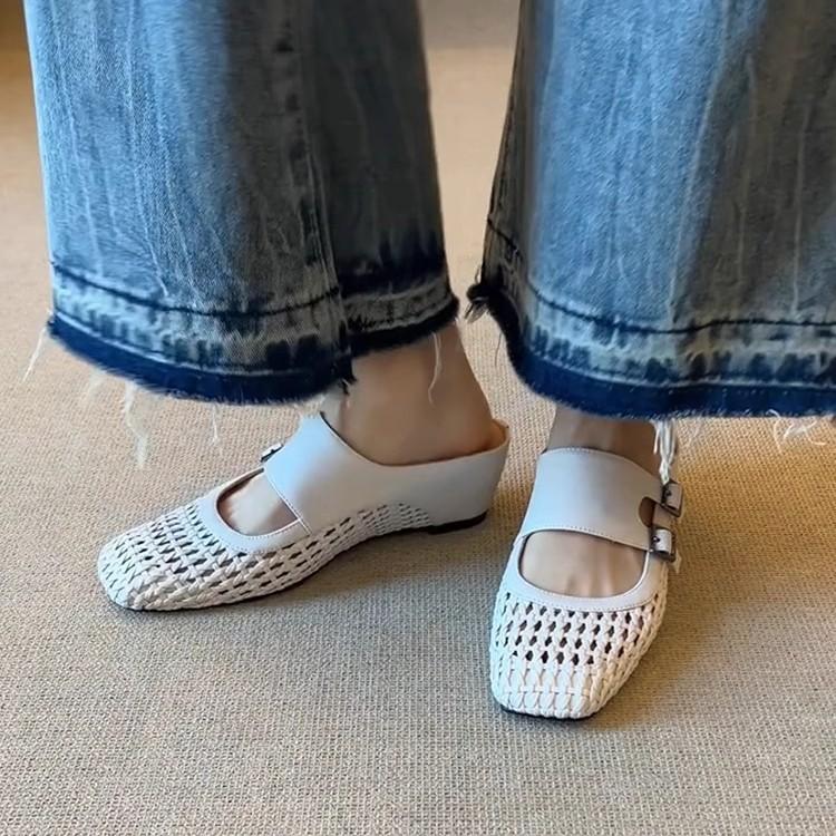 Soft leather version~ inner height increase word with half slippers women's square head versatile woven hollow breathable outer bag head sandals