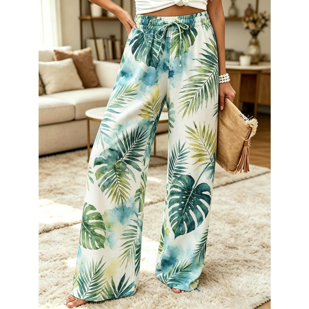 Floral Print Wide Leg Women Pants Spring Drawstring Bohemia Trousers Lady Casual Loose Elastic Waist Pantalonsw Plus Size